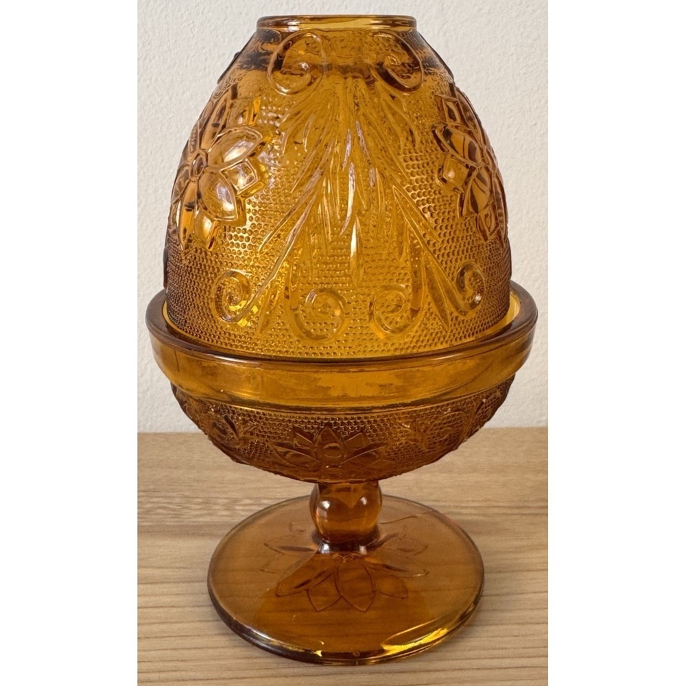 Tiara Indiana Glass Sandwich Pattern Amber Fairy Lamp Pedestal Candle Holder